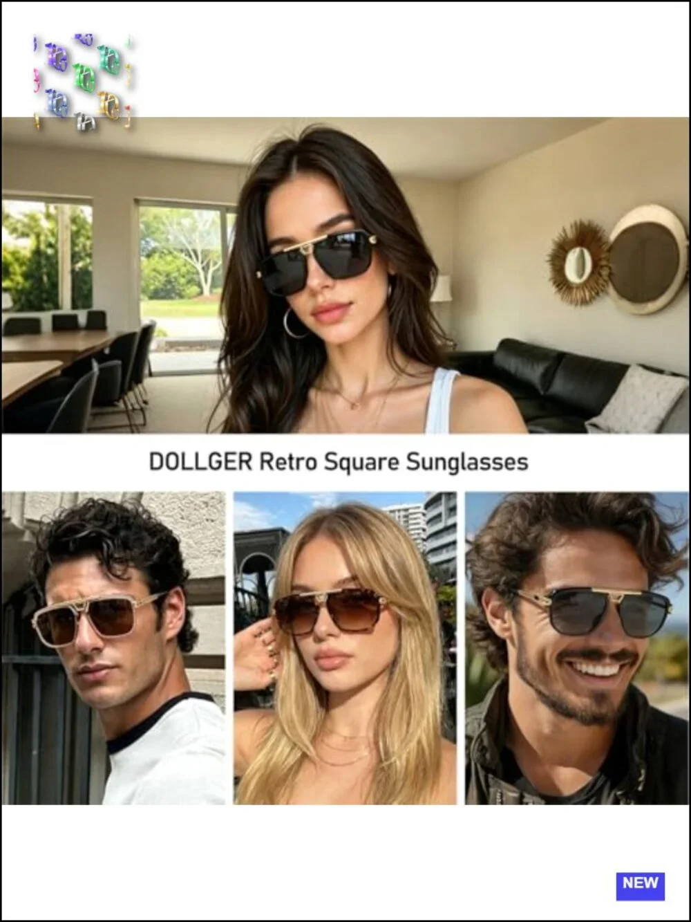 Oversized Square Sunglasses UV400 Retro Double Bridge Metal Frame Shield